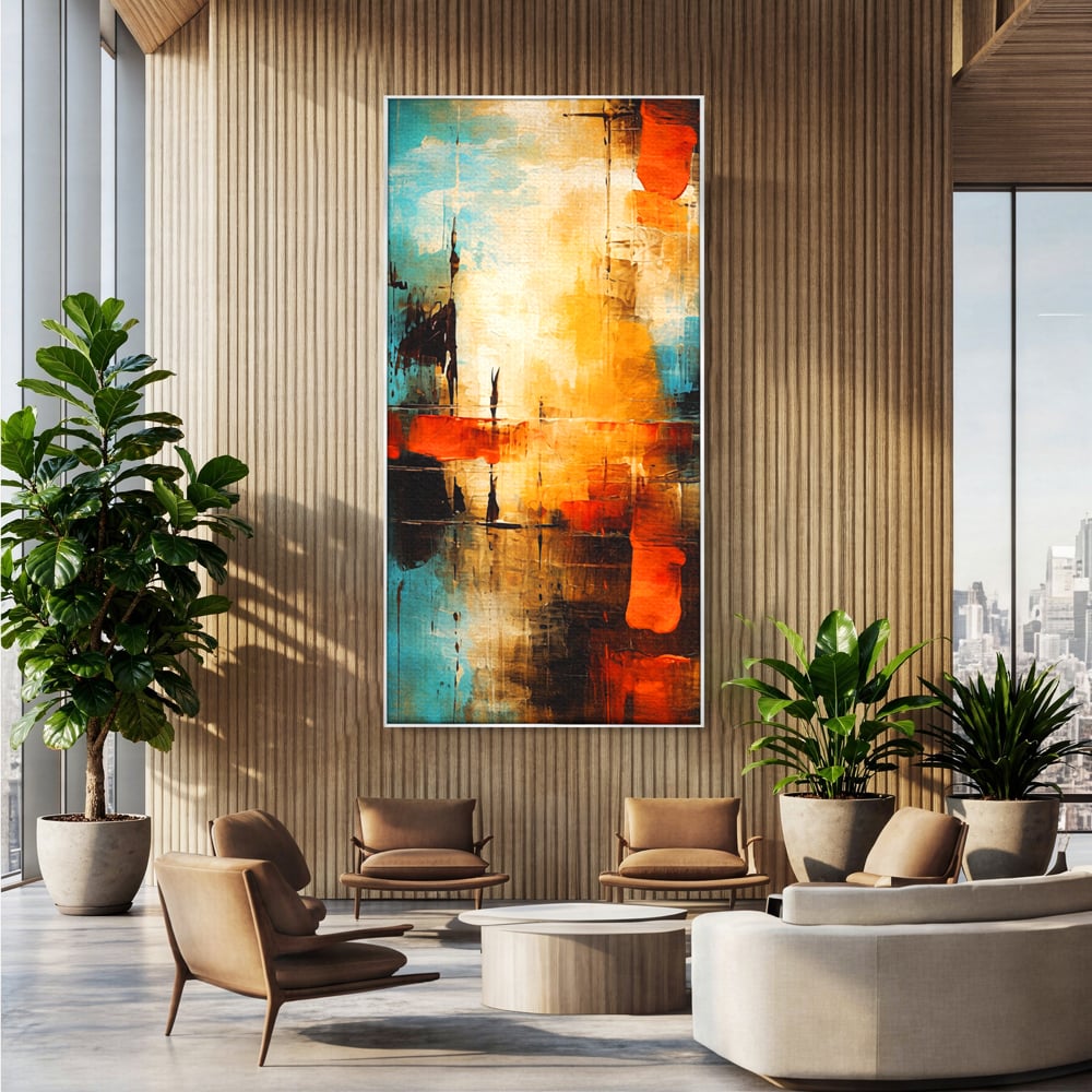 Tablou canvas cu pictura abstracta cu portocaliu si albastru, in rama de aluminiu argintiu, pe perete intr-un birou